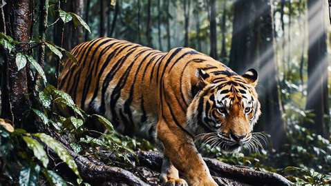Tiger Moves Stealthily Through Jungle