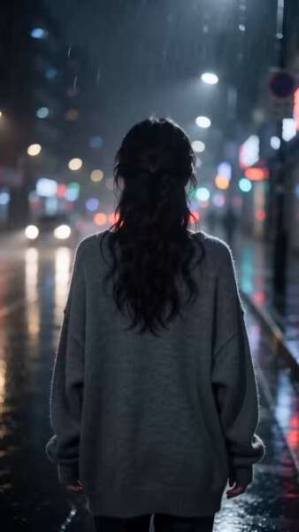 Rainy Night Street Girl in Neon Lights