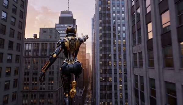 Seedance 2.0 Spider Web Action リファレンス画像の<<<Image1>>>  を完全に維持したまま、超リアルで映画のような高速アクション動画を生成してください。
ゴールデンアワーの暖かい光に包まれた高層ビル群の中、男性がクモの糸のような高張力ウェブを使って、ビルの間を超高速で突き進むシネマティックアクション。すべての動きはビルとビルの間、外壁や窓のすぐ近く、屋上ラインより下〜ギリギリ付近で行うこと。開けた空に長時間出ないこと。
【アクション構成（重要）】
最初は“前方加速”から始まる。 <<<Image1>>>  は前方上方向の建物に向かってウェブを発射し、その張力で一気に前へ引き込まれ、ビルの隙間を一直線に超高速で突き進む。壁や窓のすぐ横をかすめながら進み、強いスピードと奥行きを見せる。
その後、勢いを乗せたまま大きくジャンプし、ビルの隙間を一気に「ボーン」と飛び越える。ここでは一瞬だけ開けた空間に出るが、すぐに次のアクションへ移行する。
ジャンプ後、キャラクターは一度バランスを崩し、落下し始める。重力に引かれて急激に下へ落ちるリアルな落下を描写すること。ここで一瞬のスリルを作る。
落下中、<<<Image1>>>  は即座に上方向の建物の縁や構造物に向かってウェブを発射し、空中で引っ掛ける。その瞬間、強烈な張力によって体が一気に上方向へ引き上げられ、爆発的に上昇する。
その後、再び前方に向かってウェブを発射し、前進加速へ戻る。
ウェブの使用回数は全体で2〜3回に抑え、1つ1つのアクションをしっかり見せること。
【動きの特徴】 すべての動きは慣性、重力、張力に基づいたリアルな物理挙動にすること。減速やホバリングは禁止。常にスピードの流れが途切れず、「加速 → 跳躍 → 落下 → 爆発的上昇 → 再加速」という明確な緩急を作る。
【身体表現】 ウェブを発射する瞬間、片腕を鋭く前方または上方に突き出す。加速中は体が引っ張られて伸び、脚は後方へ流れる。ジャンプ時は全身で勢いを乗せ、落下時は重力に従い自然に崩れる。引き上げ時は体が一気に上へ持ち上がるダイナミックな動きにする。
【カメラ】 カメラは基本的に前進方向の追従ショットを維持し、キャラクターの後方または近距離から追いかける。常に奥へ進む動きを強調し、スピードとパースの変化を最大化する。サイドアングルは使用しない。
【演出】 ガラス外壁の反射、流れる窓のライン、強いモーションブラー、風圧による服の揺れ、光のフレアを活用し、圧倒的なスピードと没入感を演出する。壁との距離は常に近く、衝突ギリギリのスリルを強調する。
【感情】 集中、興奮、アドレナリン、自信、そして一瞬の危機（落下）からのリカバリーによる高揚感を表現する。
全体として、超リアル、シネマティック、高速直進、強い奥行き、緩急のあるアクション、物理的リアリズムを重視すること。