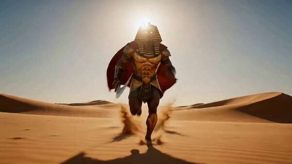 Ultra-fast low-angle tracking shot across desert dunes under a blazing sun. T...