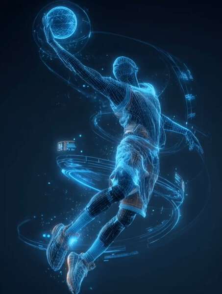 Futuristic Basketball Slam Dunk in Holographic Wireframe
