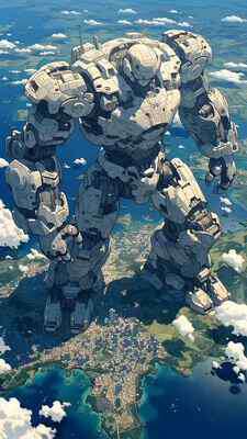 Colossal Mecha Stomps Through Coastal City
