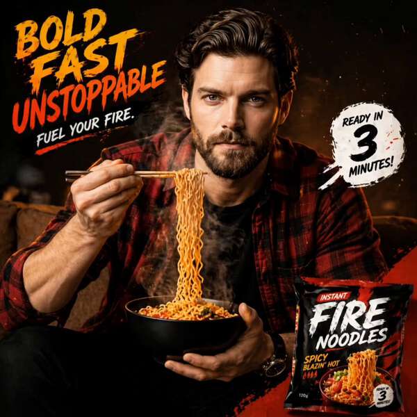 Man Lifts Stretchy Instant Noodles in Bold Ad Scene