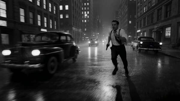 Noir Detective Emerges from Rain to Face His Own Reflection