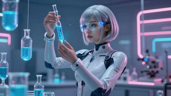 Cyberpunk Android Scientist in Neon Lab