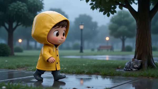 Boy Rescues Kitten in Rain Adventure