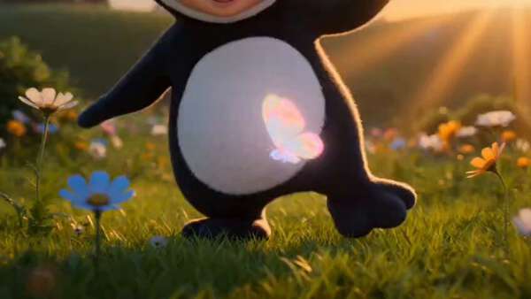Cute Penguin Kid Dancing Golden Meadow