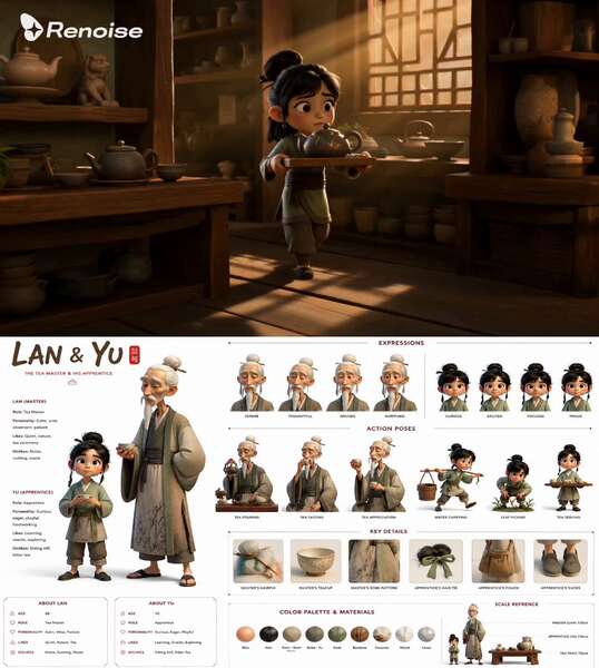 Pixar-Style Tea Story from Character Sheet