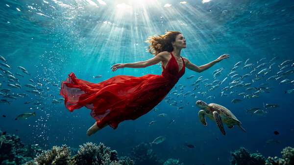Underwater Red Dress Fashion Editorial