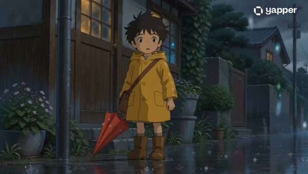 Ghibli-Style Magical Boy Rain Adventure