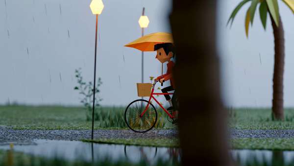 Paper Craft Boy Bike Rain Cafe