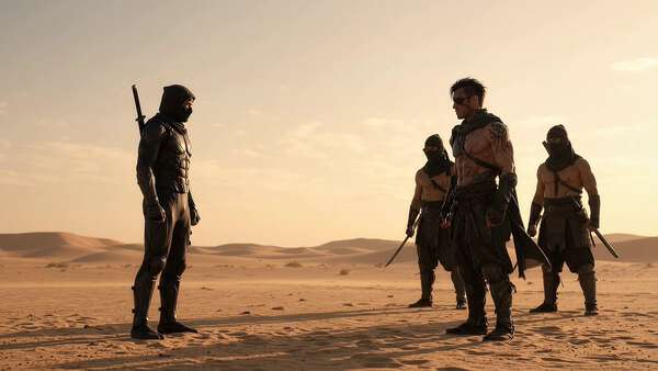 Ninja vs Three Warriors — Cinematic Standoff at Sunset