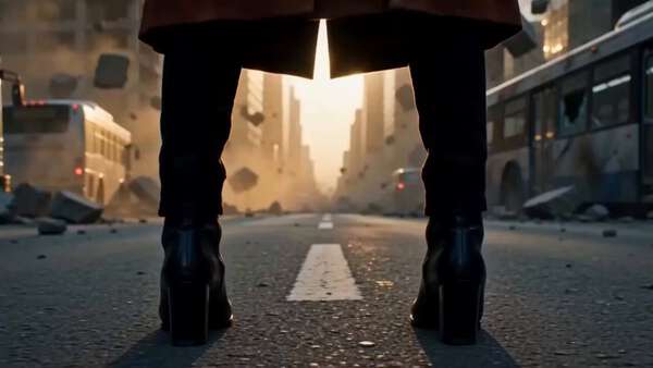 Woman Stands In City Chaos