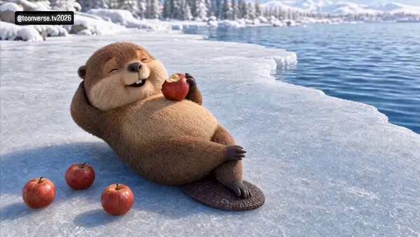 Otter Frozen Lake Relaxed Eating