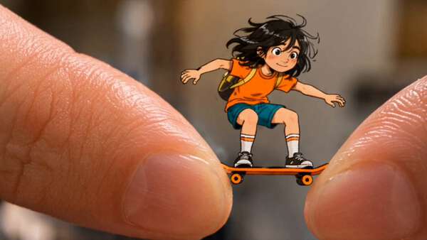 Tiny Skateboarder On Giant Desk