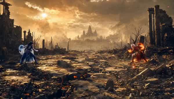 Water and Fire Duel in Ruins