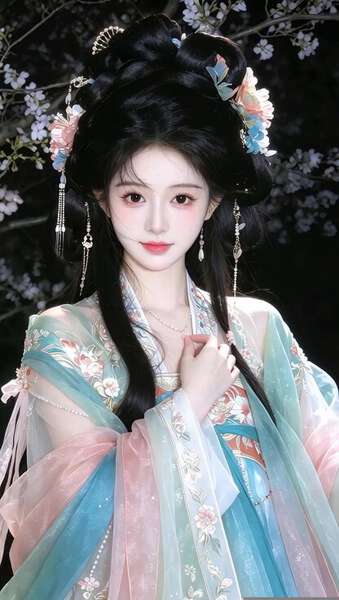 A Tang-Dynasty Portrait: Silk Robes Under Night Blossoms
