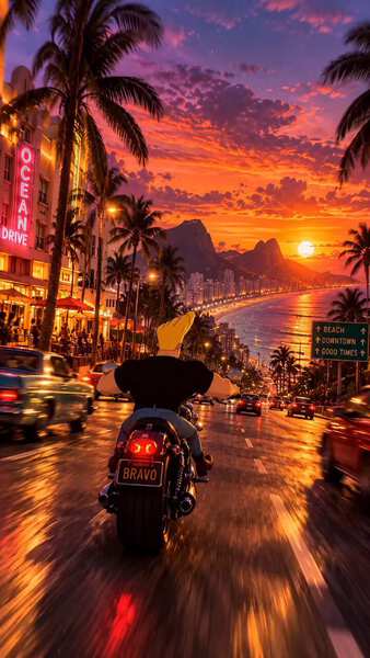 Sunset Chase: A Black Motorcycle Down a Coastal Boulevard