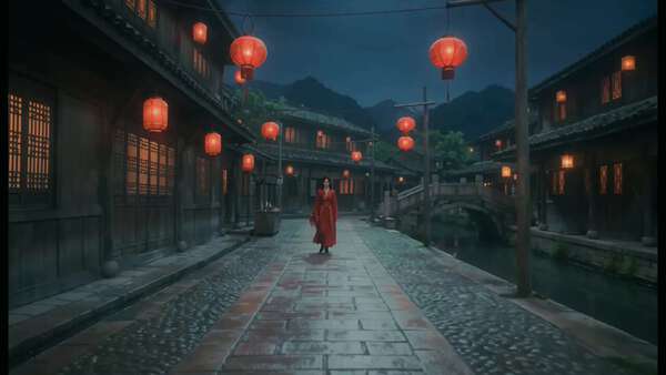 A Red Lanterns Street and a Glowing Sword
