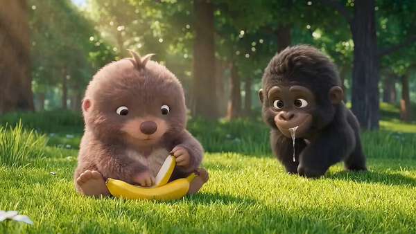 A Beaver and His Gorilla Friend, Eating Bananas