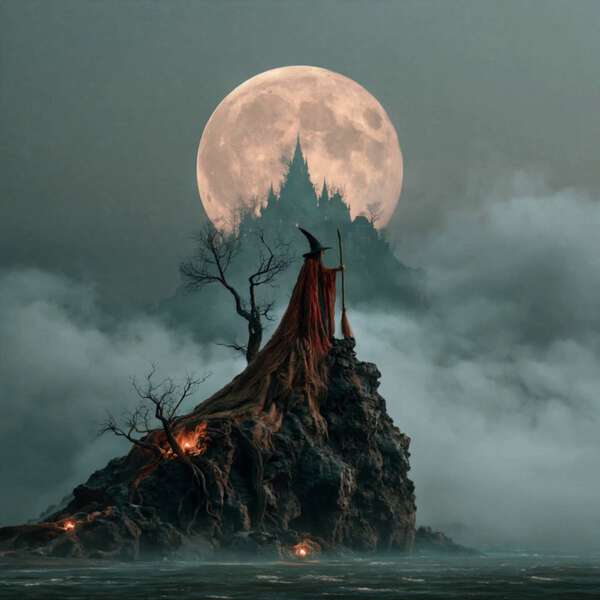 A Witch Takes Flight on a Broom Over a Gothic Peak