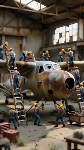 Tiny Workers Restore a 1940s Propeller Plane