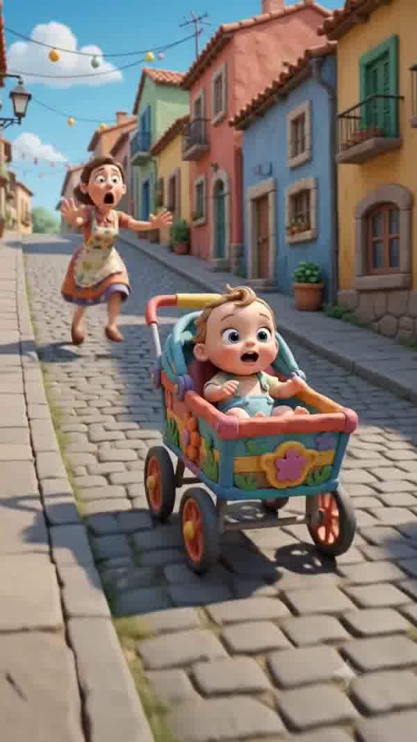 Runaway Stroller in a Village